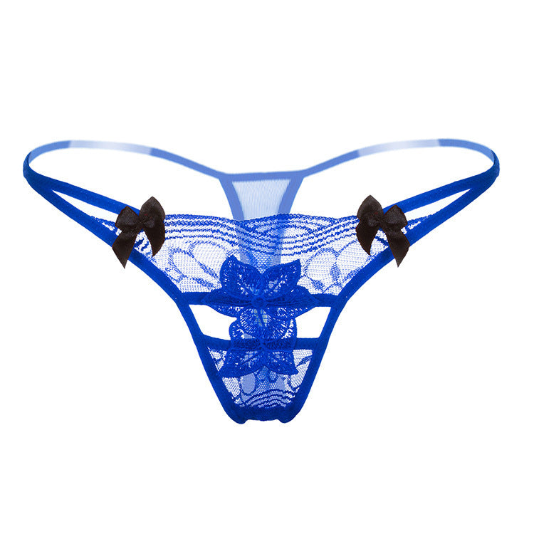 Floral Applique Lace Thong Panty-Blue-Theone Apparel