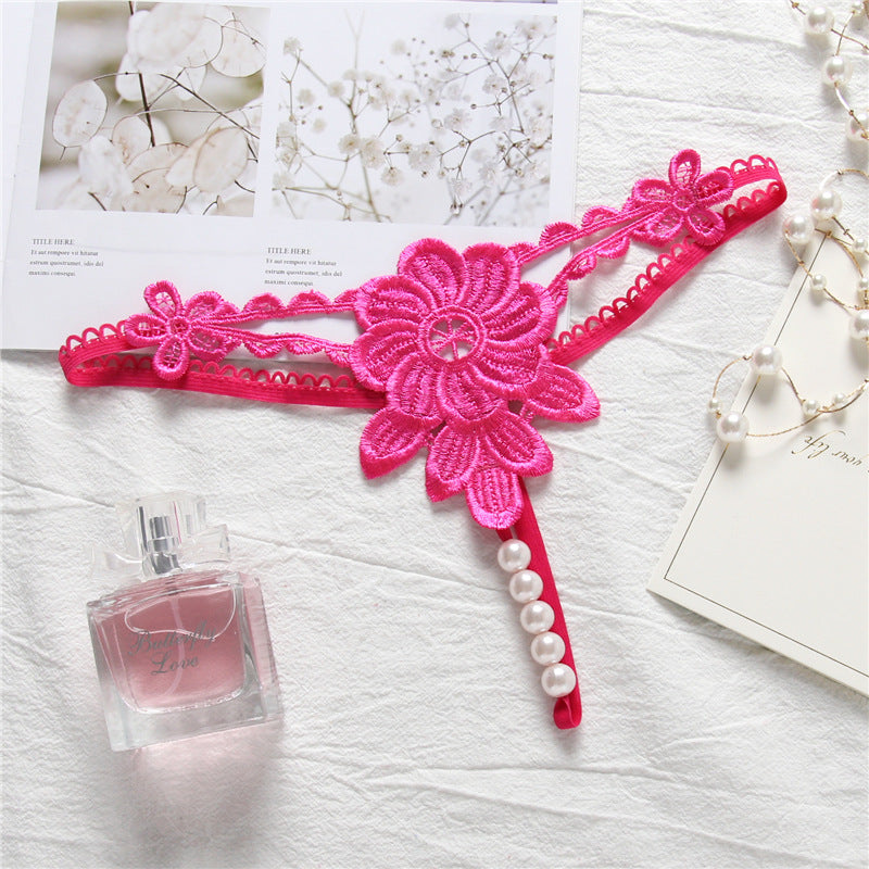Flower Applique Pearl Strand G String-Rose Red-Theone Apparel