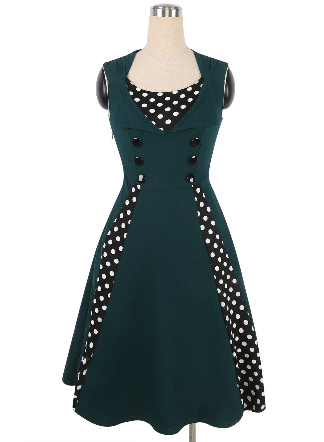 Ärmelloses Kleid mit Polka Dot-Kontrastknöpfen und Akzenten