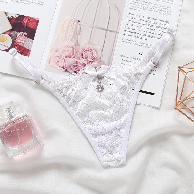 High Waist Lace Thong with Jeweled Center-White-Theone Apparel