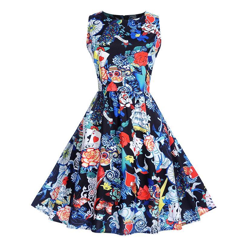 Holiday Print Pleated A Line Dress-Black/Blue-Theone Apparel