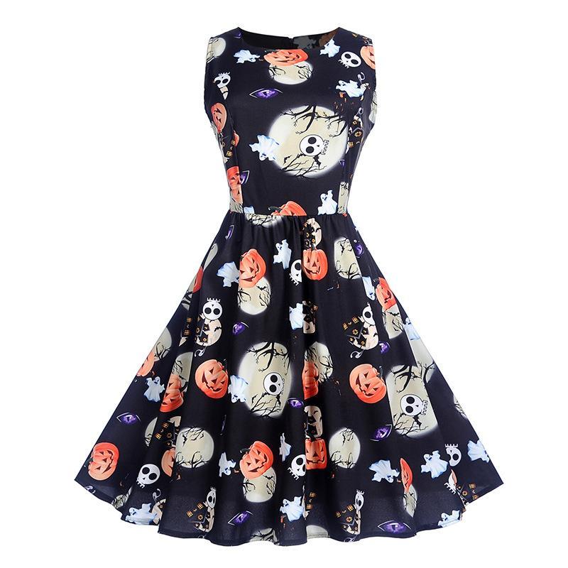 Holiday Print Pleated A Line Dress-Black/Orange-Theone Apparel