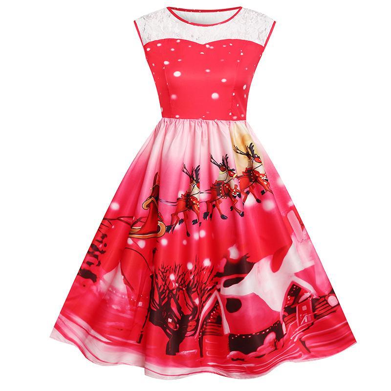 Holiday Scene Boat Neck Dress-Red-Theone Apparel