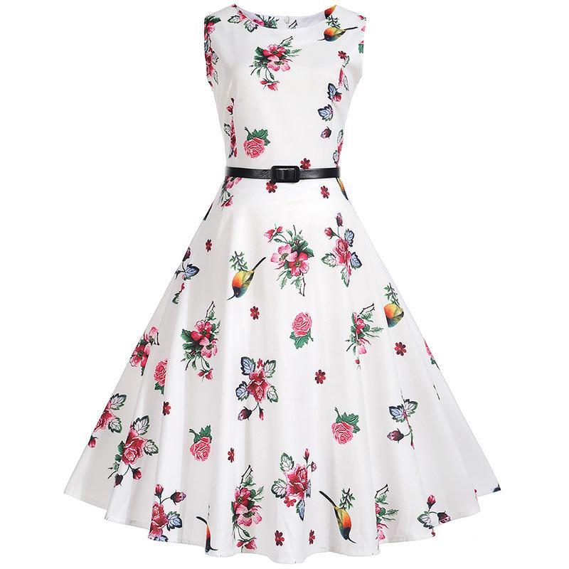 Hummingbird Floral Print A Line Dress - Theone Apparel