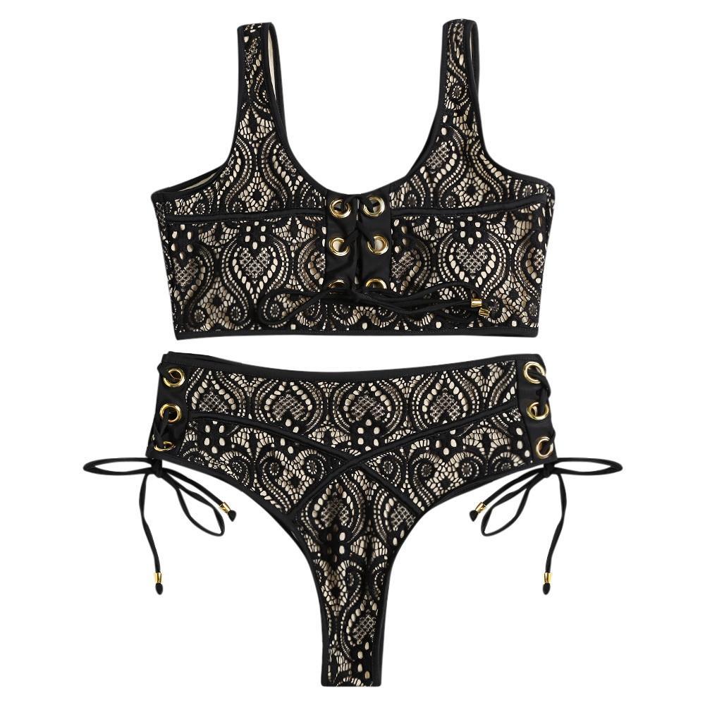 Lace Crochet Should Strap Bikini Set-Black-Theone Apparel