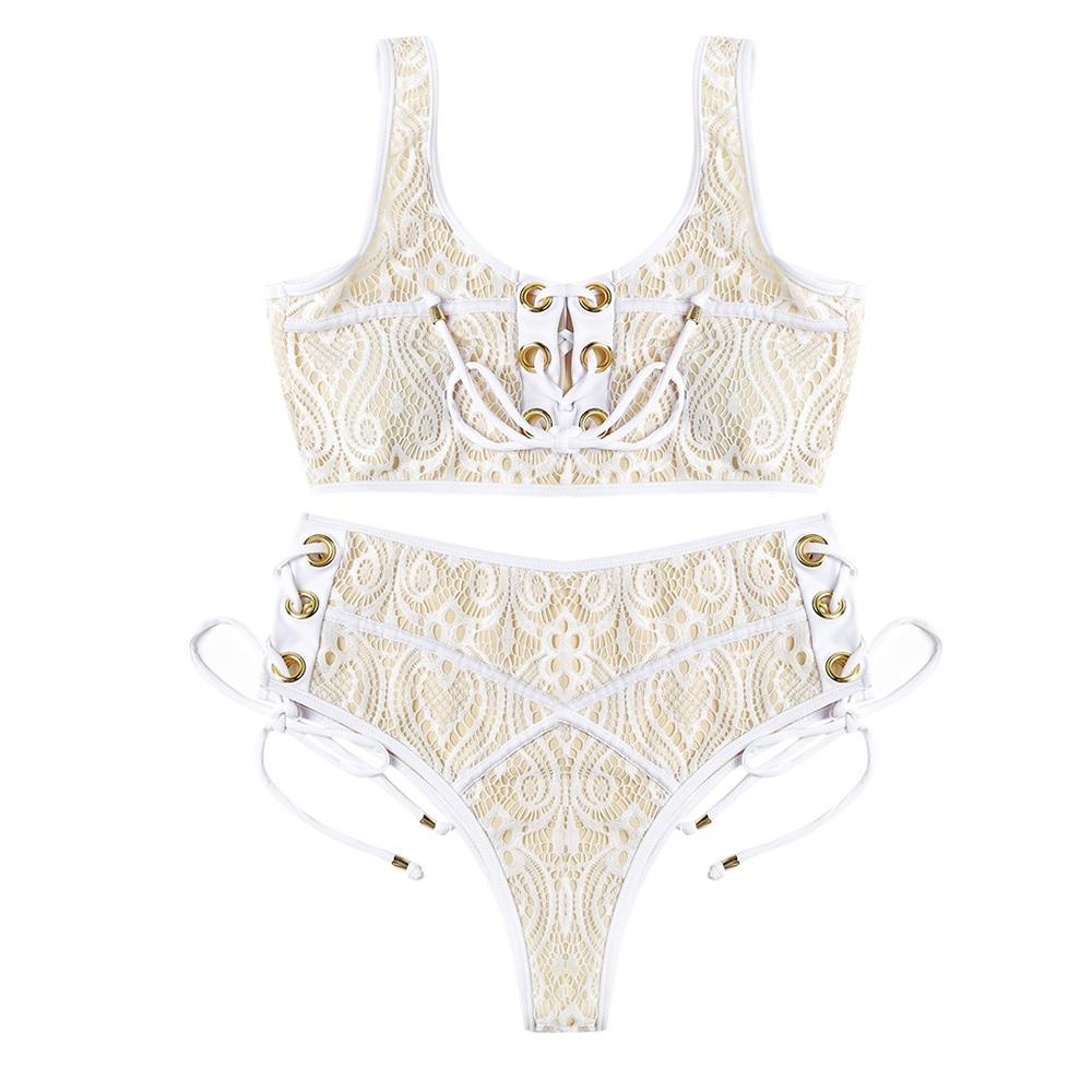 Lace Crochet Should Strap Bikini Set-White-Theone Apparel