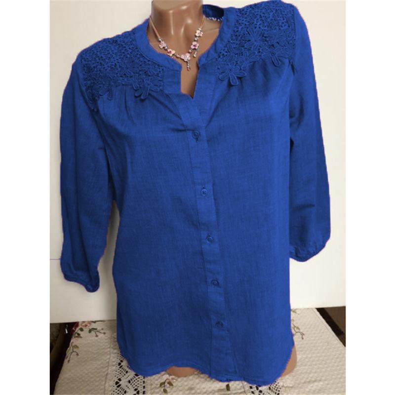 Lace Embroidery Button Up Blouse-Blue-Theone Apparel
