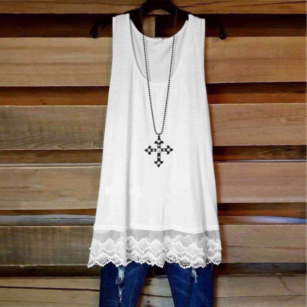 Lace Hem Loose Fit Tank Top-White-Theone Apparel