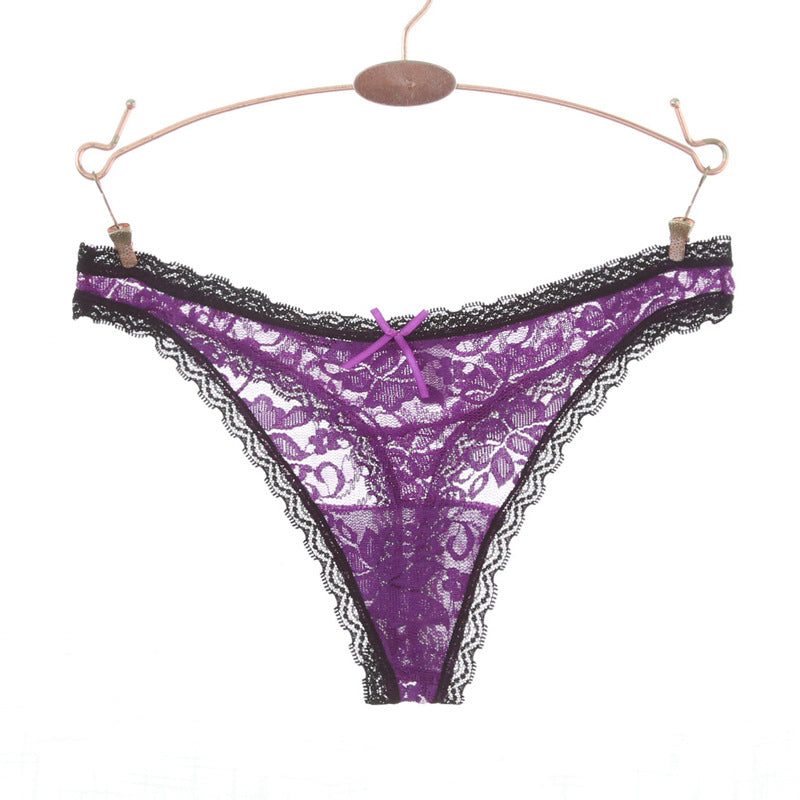Lace Trim Floral Design Thong Panty-Purple-Theone Apparel