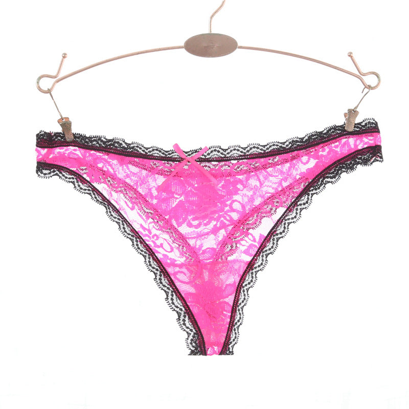 Lace Trim Floral Design Thong Panty-Rose Red-Theone Apparel