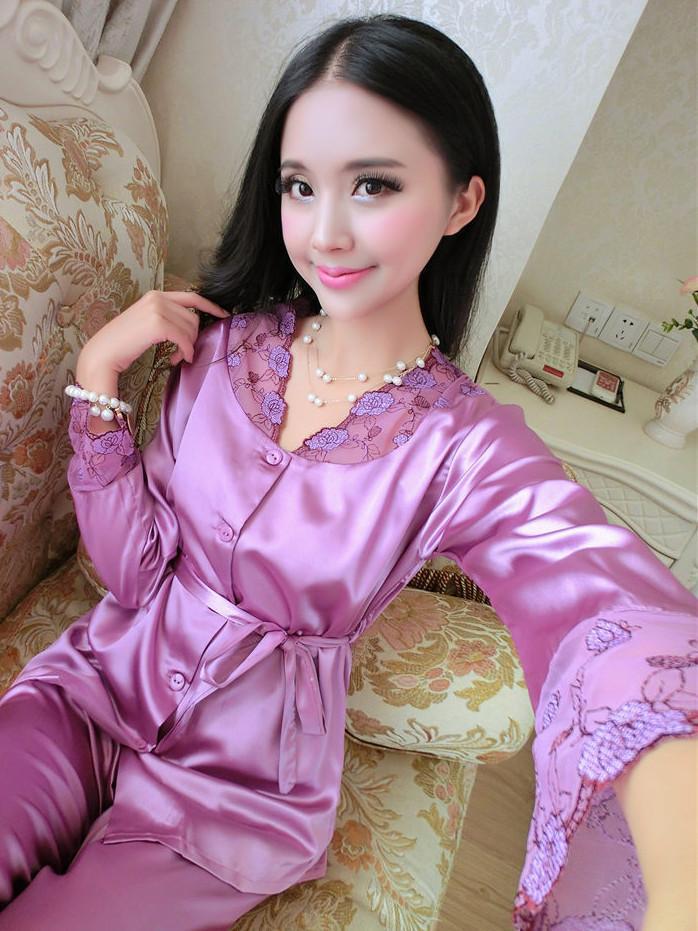 Lace and Satin Pajamas Robe Set - Theone Apparel