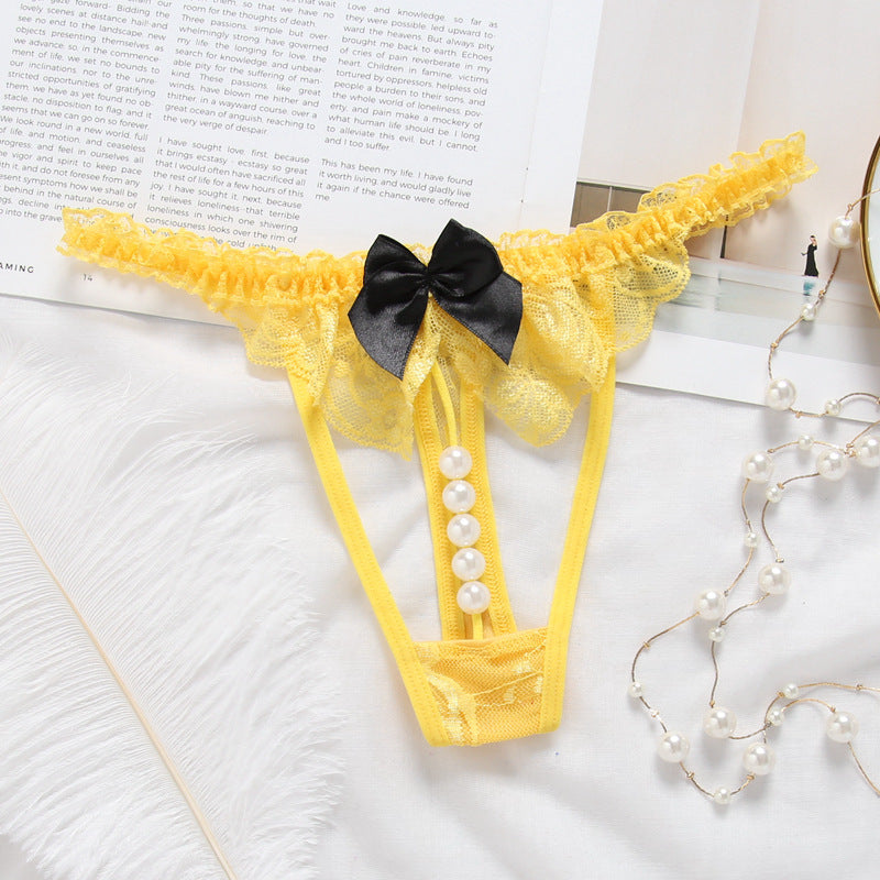 Lacey Bow and Pearl String Thong Panties-Yellow-Theone Apparel