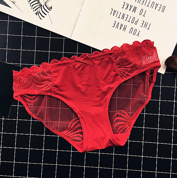 Lacy Mesh back panties with Frilly Waistband-Red-Theone Apparel