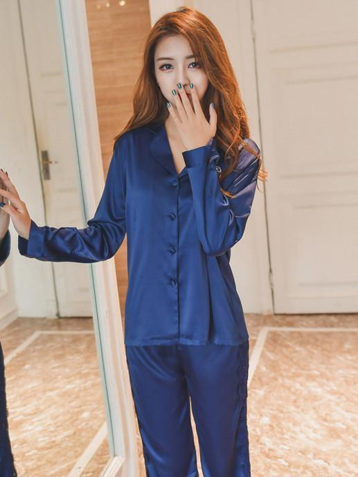 Long Sleeve Pajamas Set-Blue-Theone Apparel
