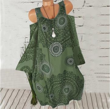 Medallion Print Cold Shoulder Dress-Green-Theone Apparel