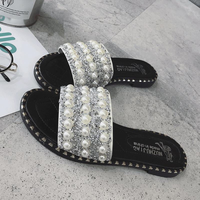 Pearl Encrusted Stud Trim Slippers