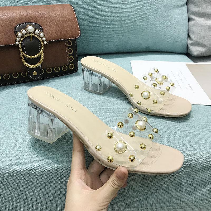 Pearl Stud Clear Heel Hausschuhe