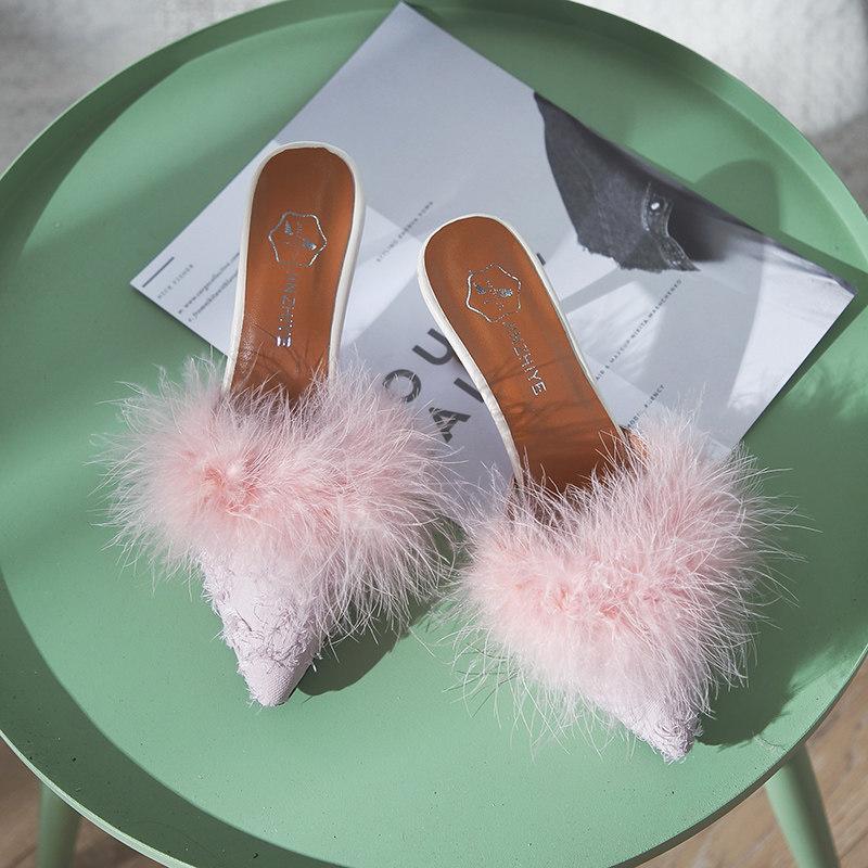 Fur Trim Pointed Toe Kitten Heels