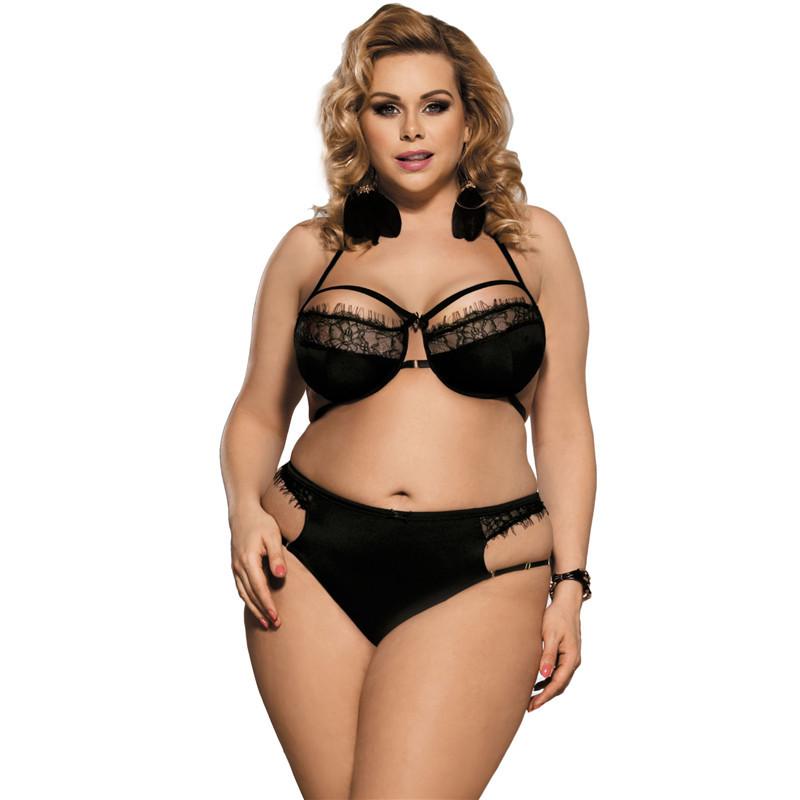 Plus Size Bra and Panty Cutout Set-Black-Theone Apparel