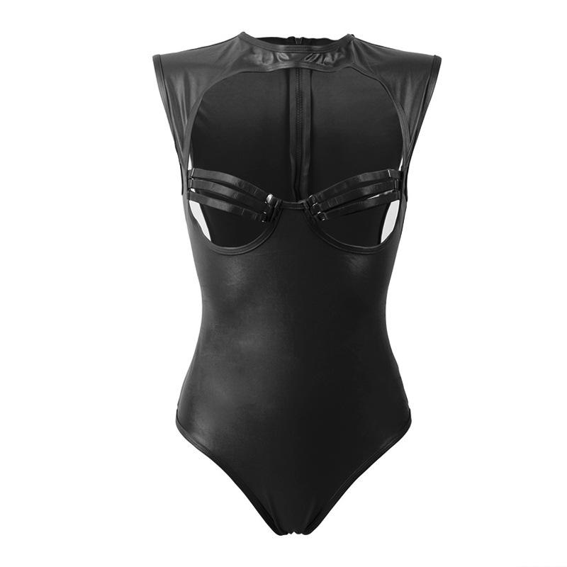 Plus Size Cutout Bodice Collared Teddy-Black-Theone Apparel