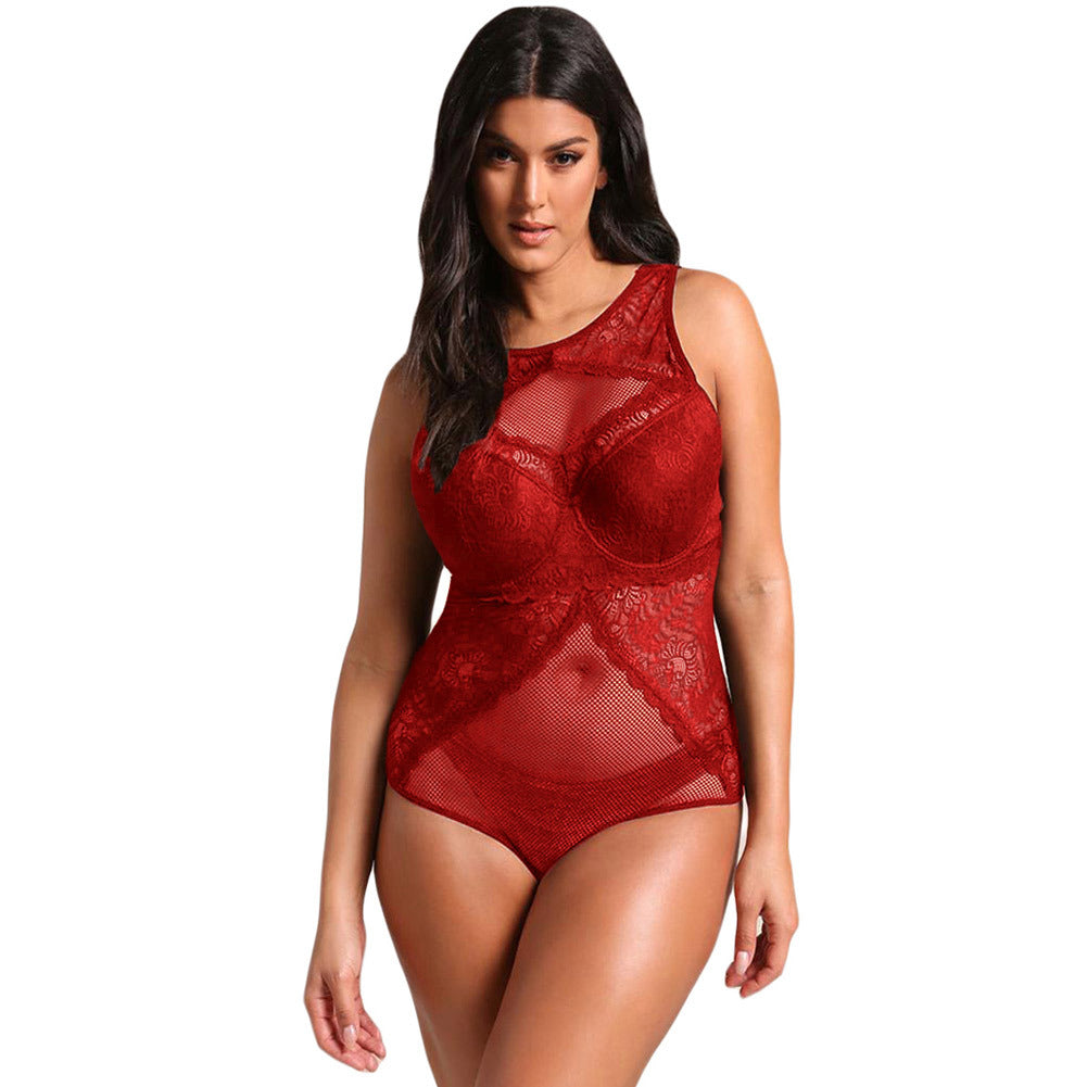 Plus Size Mesh & Lace Teddy Romper-Theone Apparel