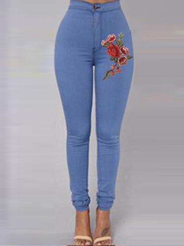 Red Floral Embroidery Skinny Jeans - Theone Apparel