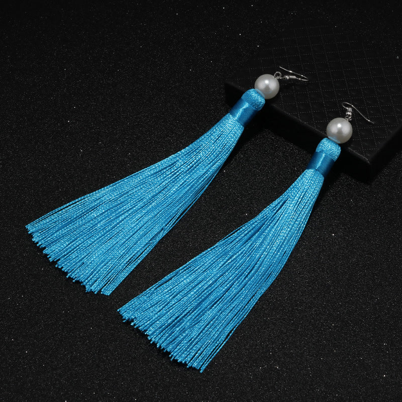 Red Tassel Pearl Drop Earrings-Light Blue-Theone Apparel