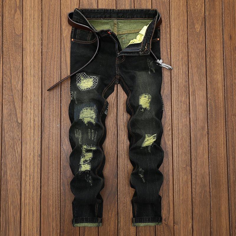 Ripped Up Skinny Jeans with Belt-Black/Yellow-Theone Apparel