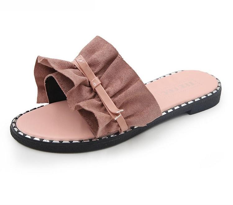 Ruffle Strap Stud Trim Slippers