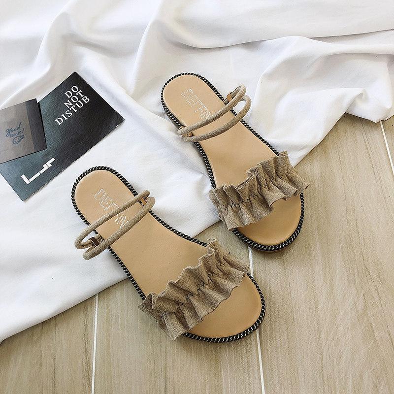 Ruffled Chain Trim Slip On Sandals-Khaki-Theone Apparel