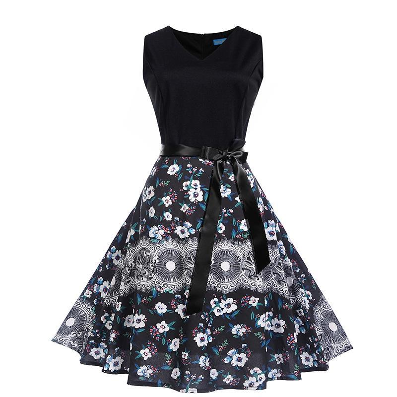 Satin Waist Bow Cocktail Dress-Black/White-Theone Apparel