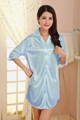 Satiny Oversized Button Up Sleep Shirt-Light Blue-Theone Apparel