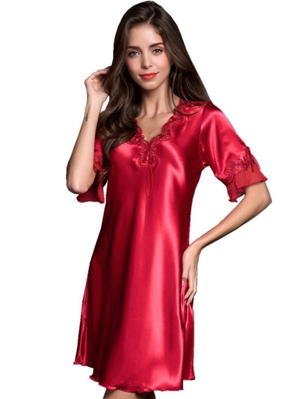Satiny Ruffles Nightgown-Red-Theone Apparel
