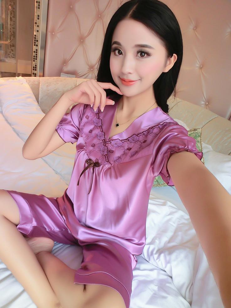 Short Sleeve Satiny Shorts PJ Set-Purple-Theone Apparel