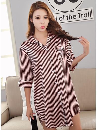 Silky Sleep Shirt with Piped Trim-Black Stripe-Theone Apparel