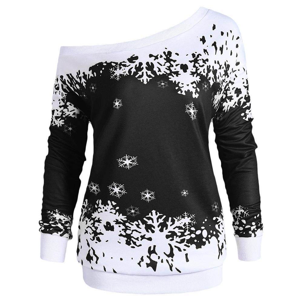 Snowflake One Shoulder Plus Size Sweatshirt-Black-Theone Apparel