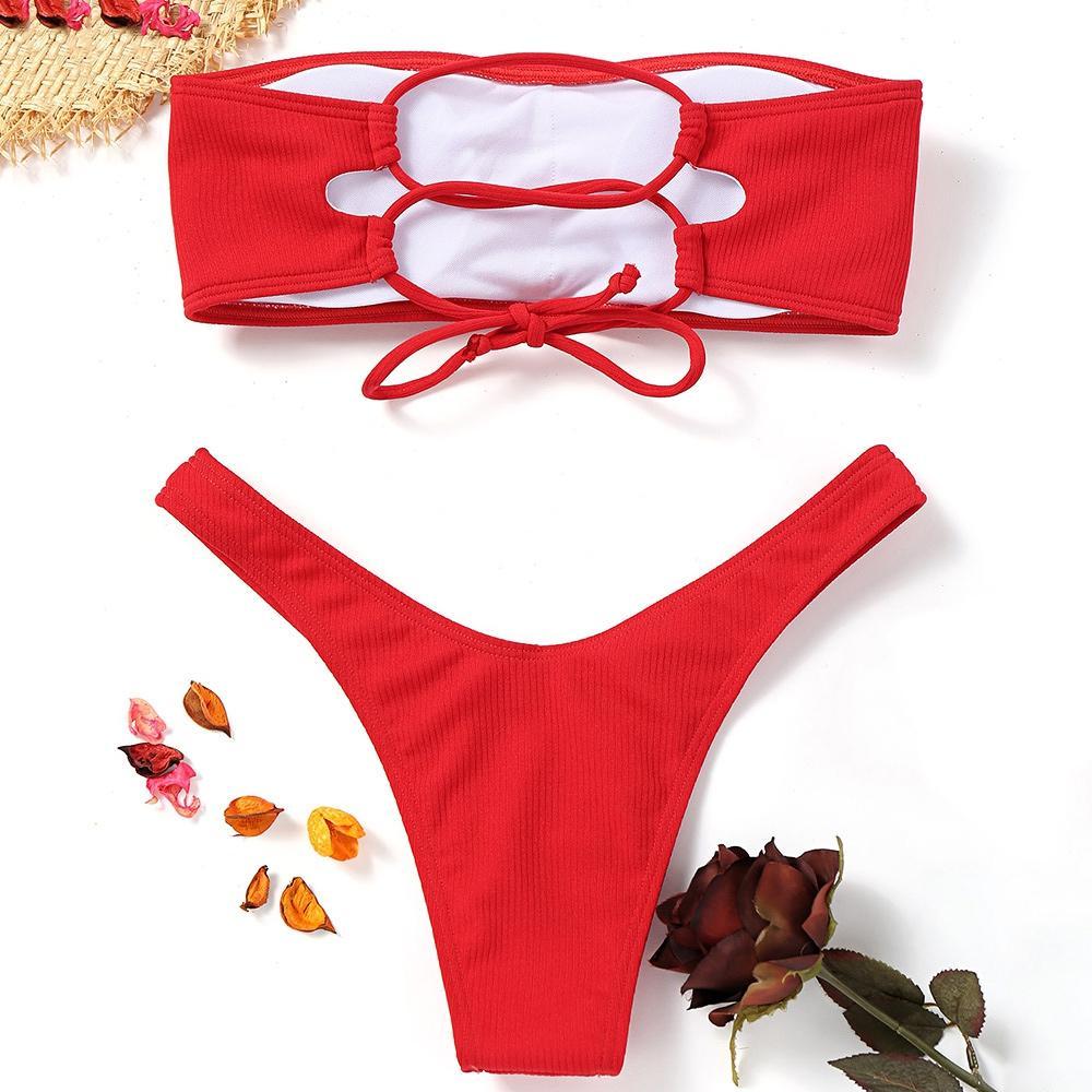 Strapless Solid Color Low Waist Bikini