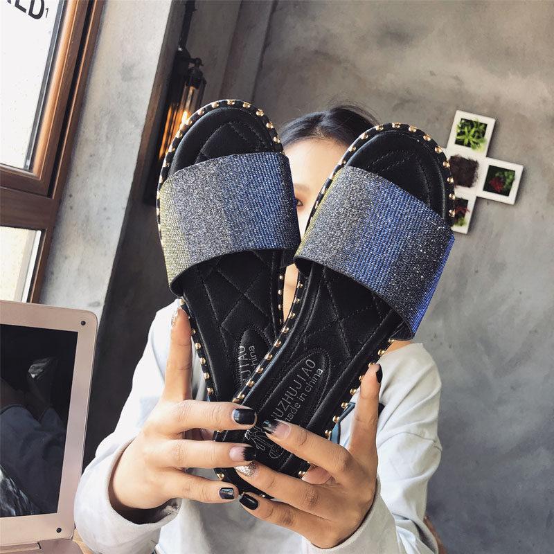 Stud Trim Glitter Slide Slippers