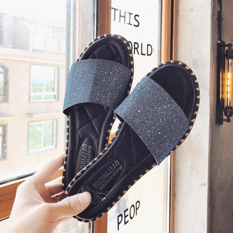 Stud Trim Glitter Slide Slippers