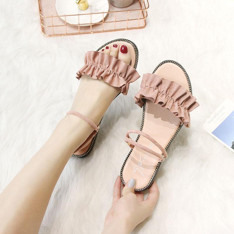 Suede Ruffle Strap Slider Sandals-Pink-Theone Apparel