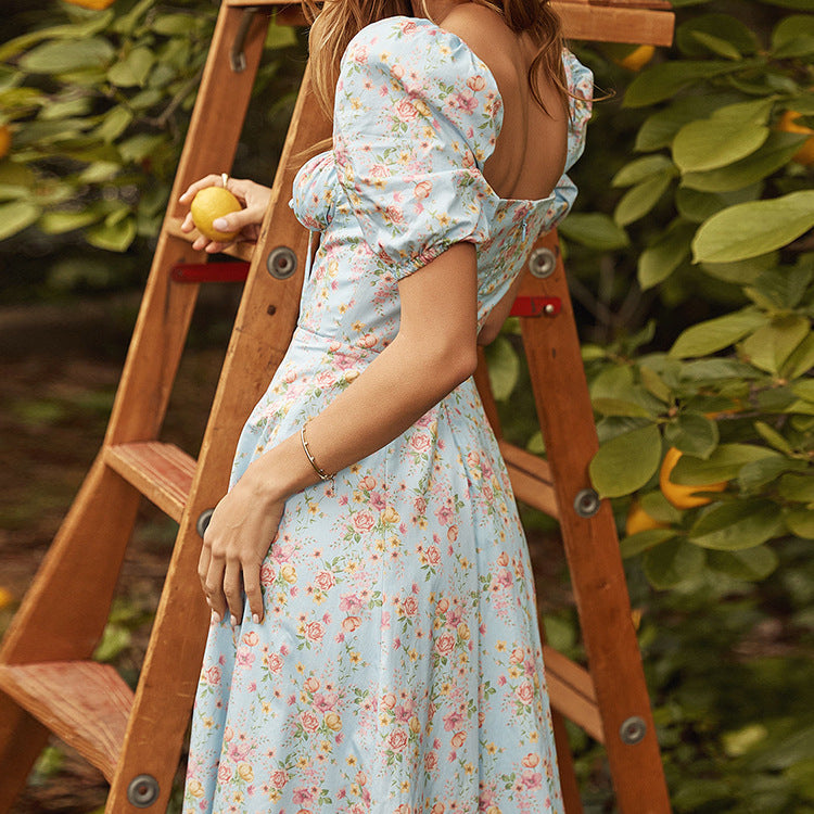 Vintage Inspired Square Neck Shot Sleeved Maxi Dress-Theone Apparel