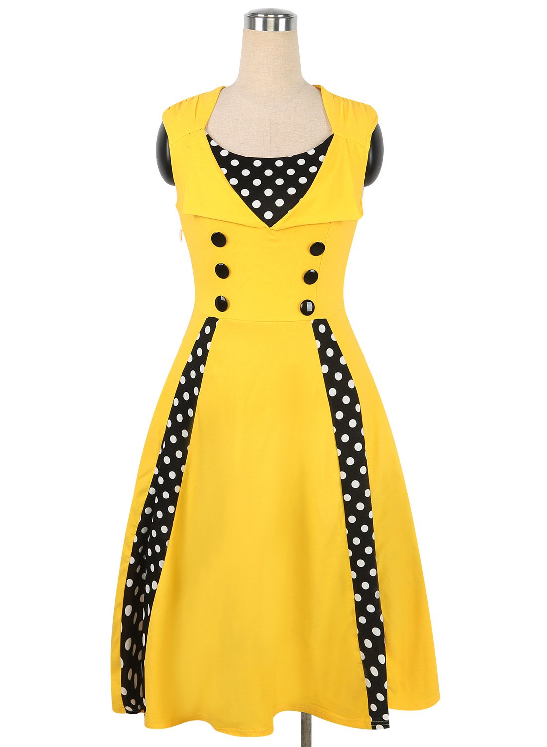 Ärmelloses Kleid mit Polka Dot-Kontrastknöpfen und Akzenten