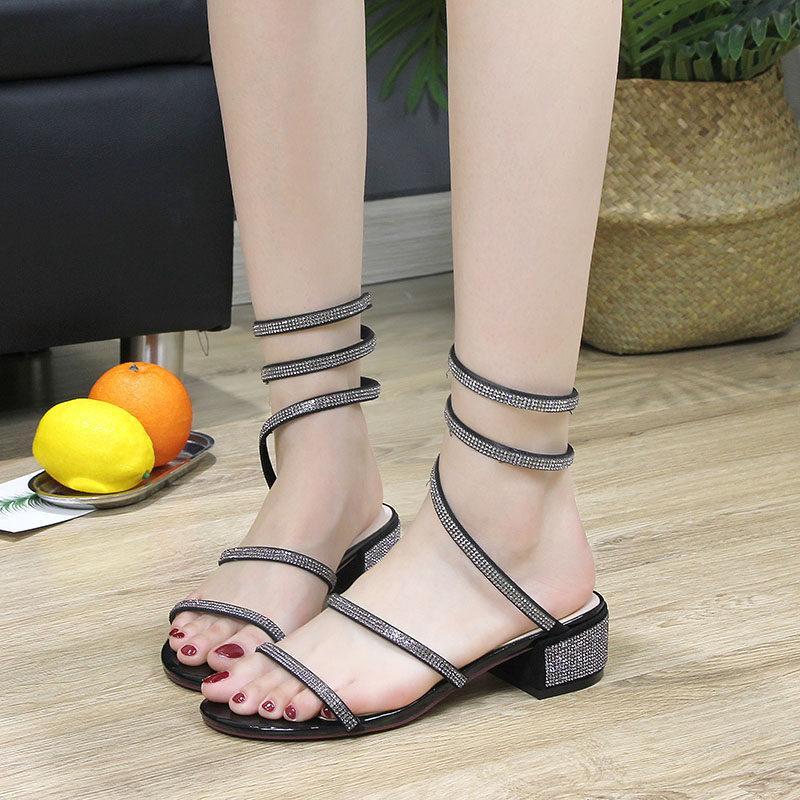 Ankle Wrap Rhinestone Strap Sandals - THEONE APPAREL