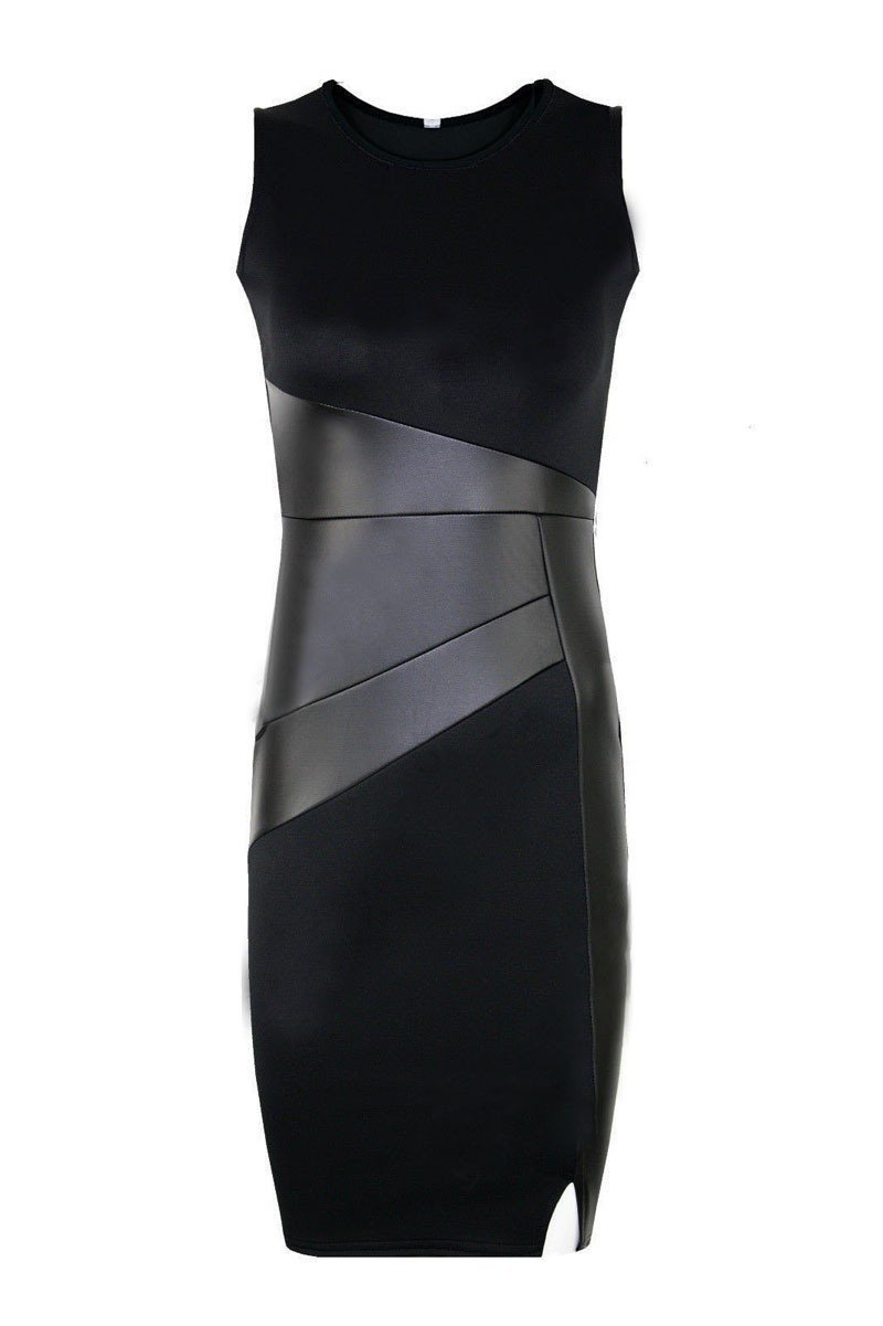 Black Faux Leather-Accent Sheath Dress - THEONE APPAREL