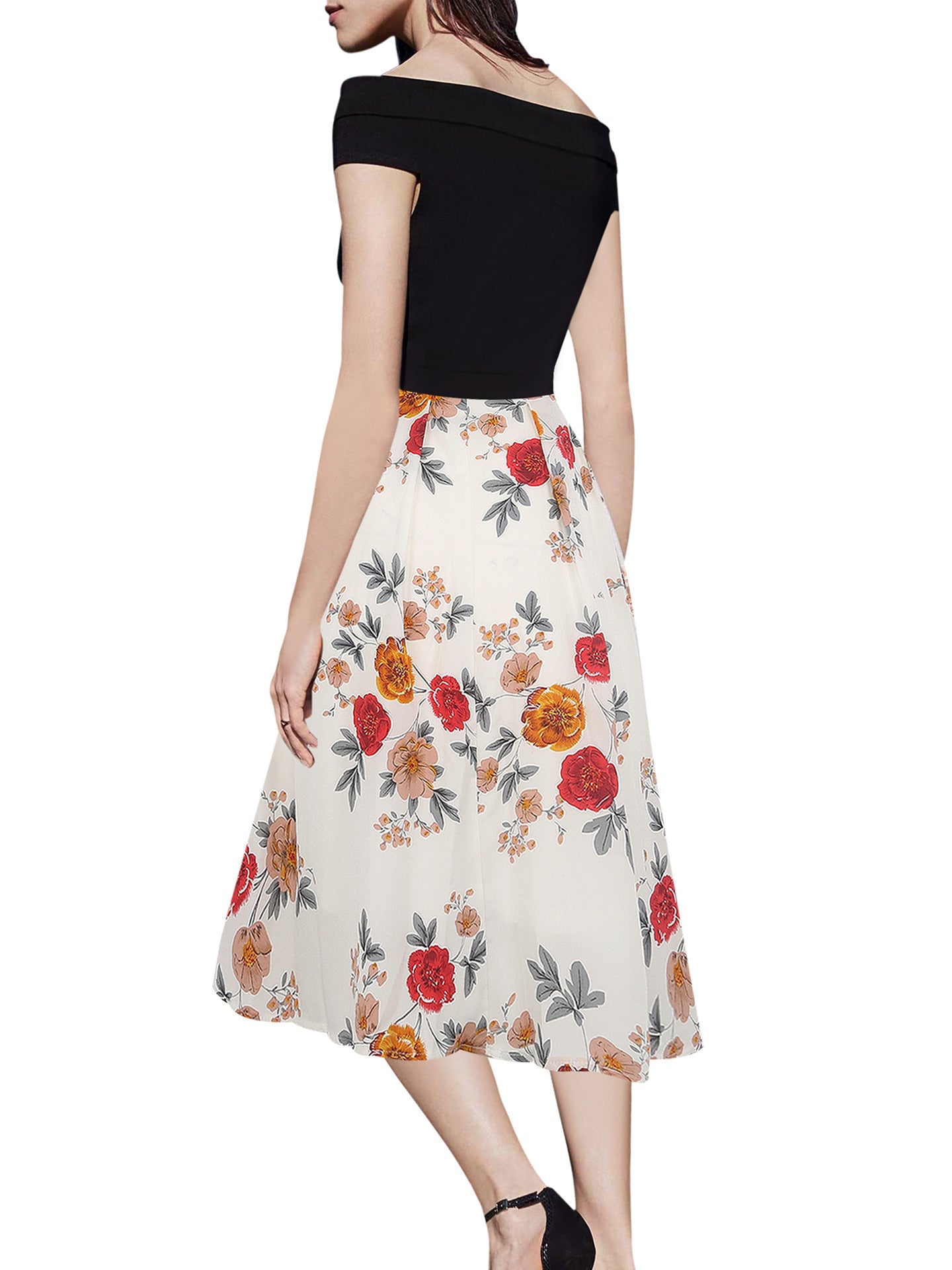 Black Floral Contrast Off-Shoulder Dress - THEONE APPAREL