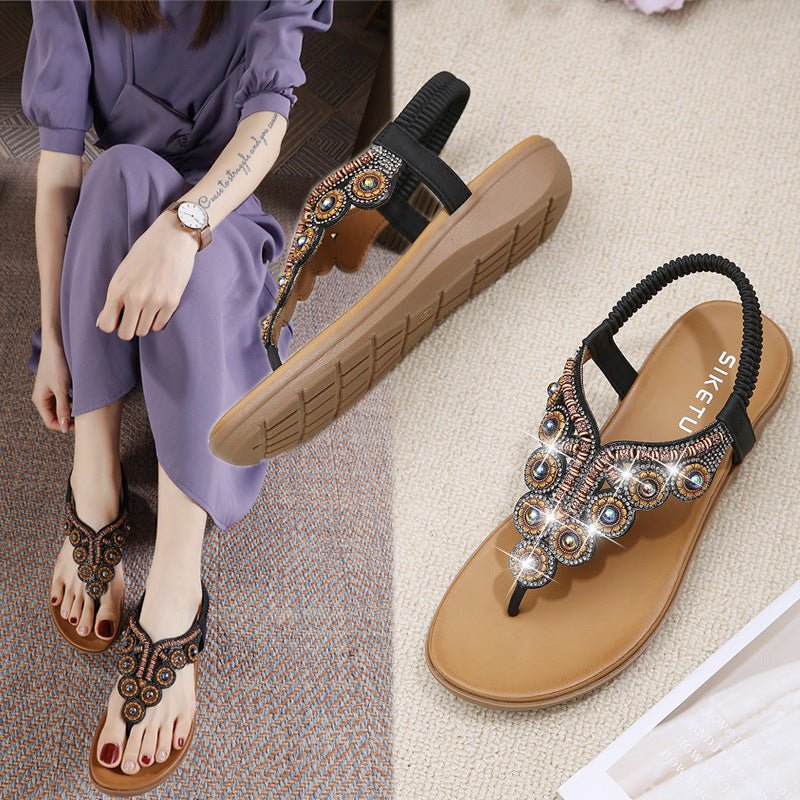 Boho Chic Colorful Stone and Rhinestone Ankle Sandals - THEONE APPAREL