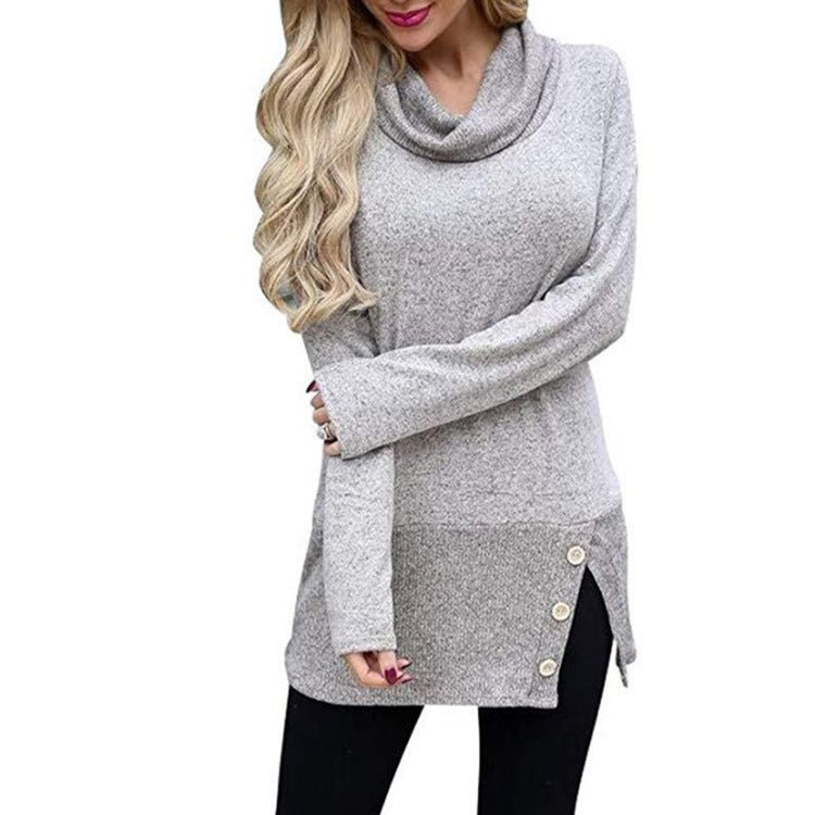 Button-Accent Side-Slit Cowl-Neck Tunic Sweater - THEONE APPAREL