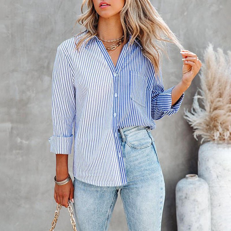 Button Down Vertical Striped Shirt with Breast Pockets - THEONE APPAREL