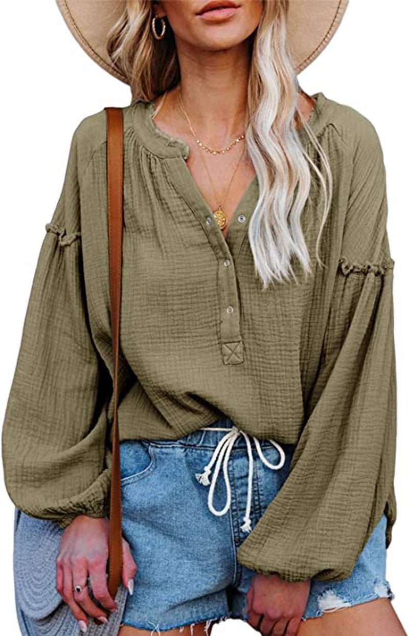 Button Up V-Neck Long Loose Sleeved Top - THEONE APPAREL