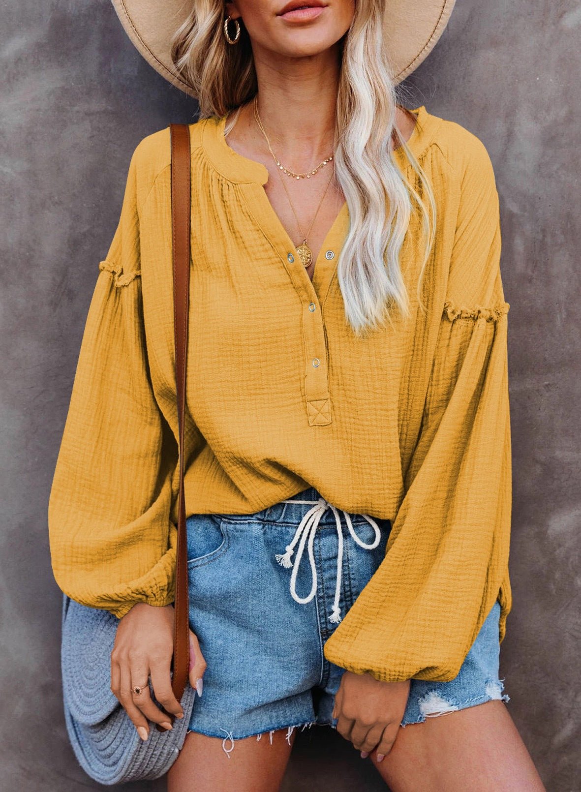 Button Up V-Neck Long Loose Sleeved Top - THEONE APPAREL